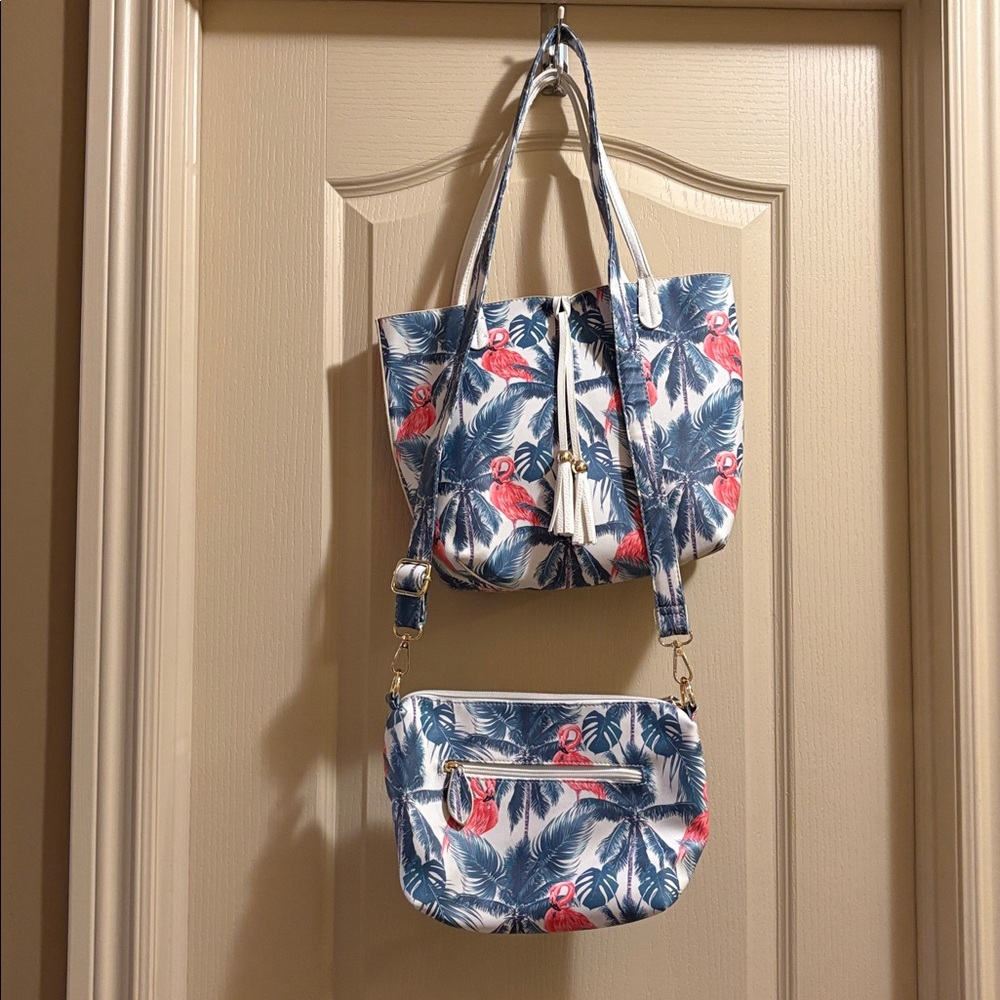 Tropical Flamingo Print Tote and Crossbody Set